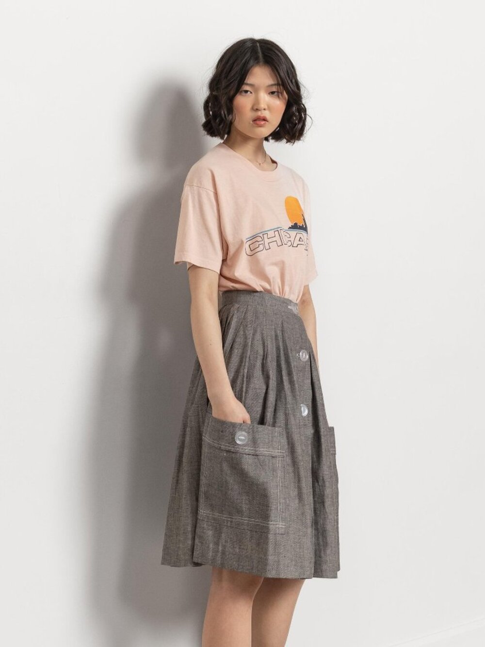 Vintage Grey Severe Pleated Skirt Linen Knee Length Xs / 24 Inch Waist - Picture 5 of 10